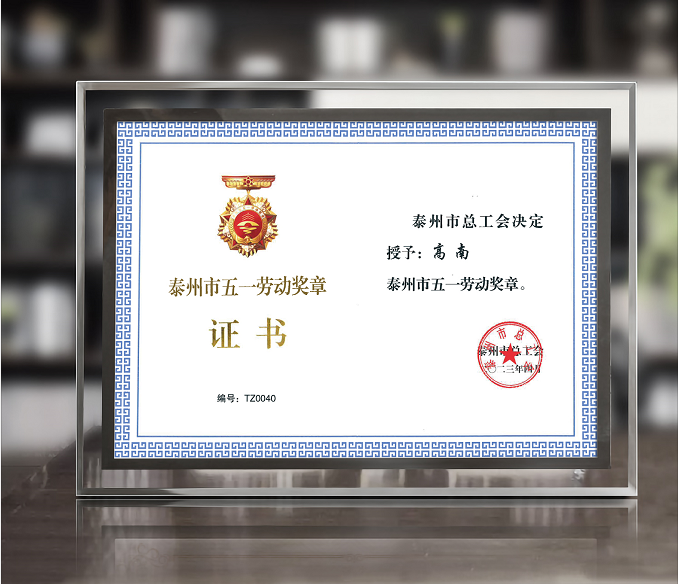 澳门新葡京平台官网董事长高南先生荣获泰州市“五一”劳动奖章